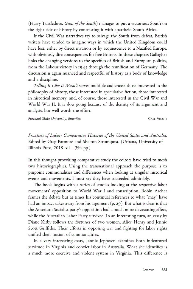 First page of Review: <italic>Frontiers of Labor: Comparative Histories of the United States and Australia</italic> edited by Greg Patmore and Shelton Stromquist