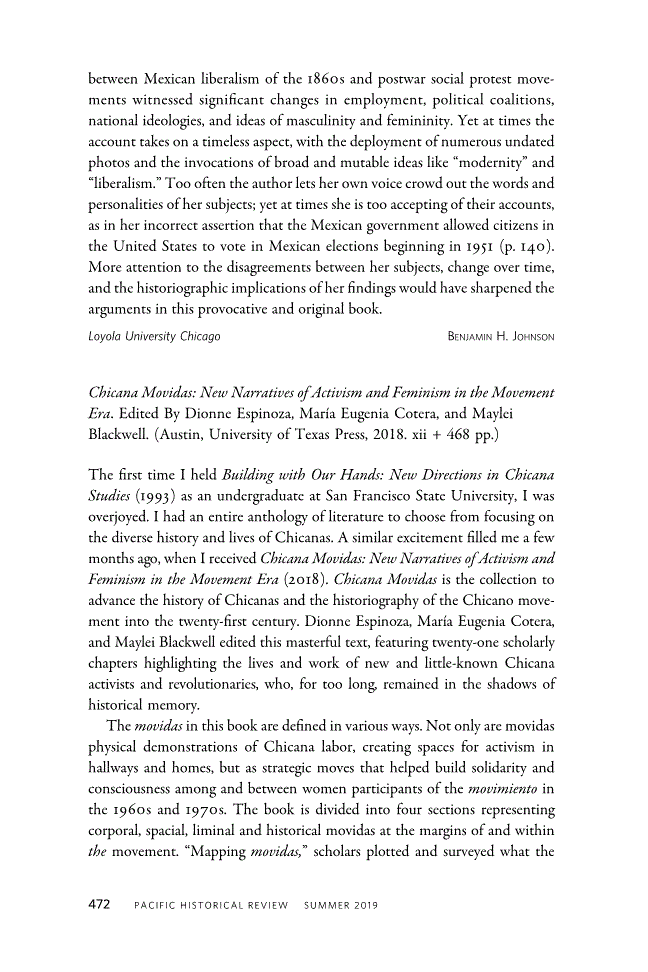 First page of Review: <italic>Chicana Movidas: New Narratives of Activism and Feminism in the Movement Era</italic> edited By Dionne Espinoza, María Eugenia Cotera, and Maylei Blackwell