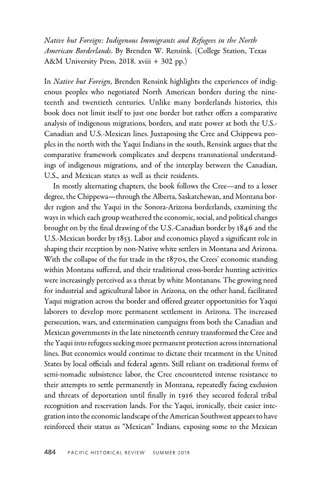 First page of Review: <italic>Native but Foreign: Indigenous Immigrants and Refugees in the North American Borderlands</italic> by Brenden W. Rensink