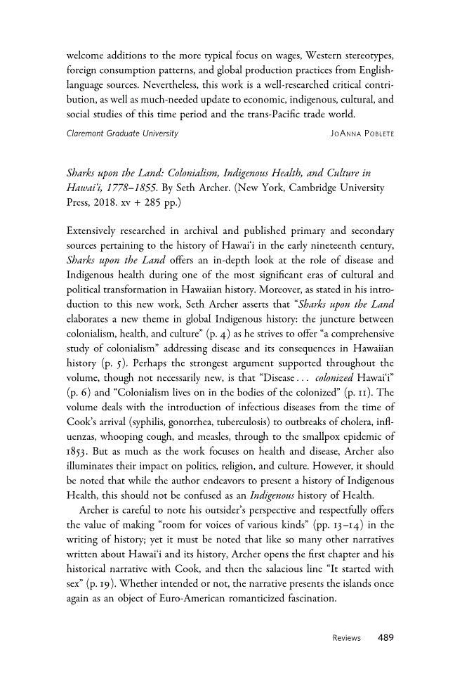 First page of Review: <italic>Sharks upon the Land: Colonialism, Indigenous Health, and Culture in Hawai‘i, 1778–1855</italic> by Seth Archer