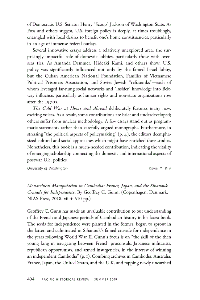 First page of Review: <italic>Monarchical Manipulation in Cambodia: France, Japan, and the Sihanouk Crusade for Independence</italic> by Geoffrey C. Gunn