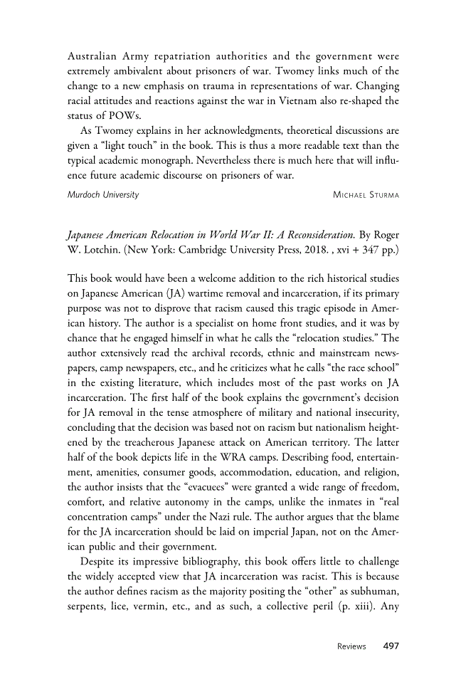 First page of Review: <italic>Japanese American Relocation in World War II: A Reconsideration</italic> by Roger W. Lotchin