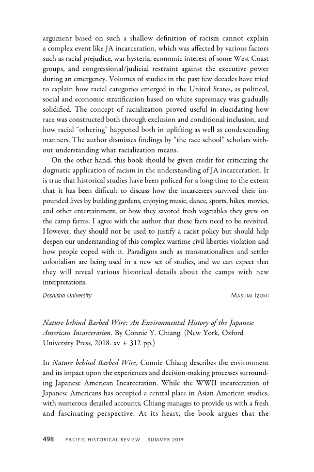 First page of Review: <italic>Nature behind Barbed Wire: An Environmental History of the Japanese American Incarceration</italic> by Connie Y. Chiang