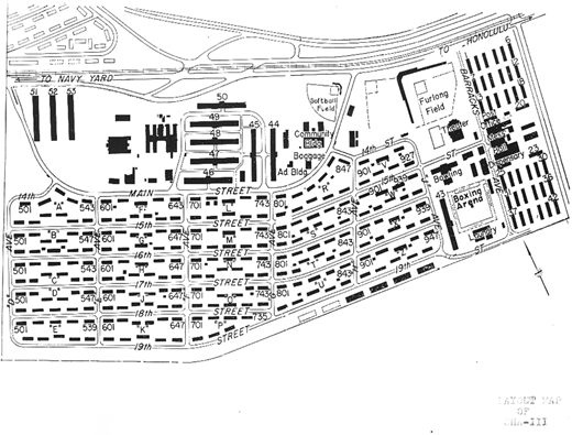“Layout Map of CHA III.” This image was published in Kokua ia Kakou (Help for all of us), 1 October 1944, p. 24–25 and in Pearl Harbor Banner, 22 December 1944, p. 3. Source: Series: Civilian Housing Area III (CHA III) 1942–1946, Box 4 FF 8 CHA III: Development and facilities. Cat. no. CHAIII 01, Robert F. Walden Collection (1936–1991), University of Hawai‘i at Mānoa Library.