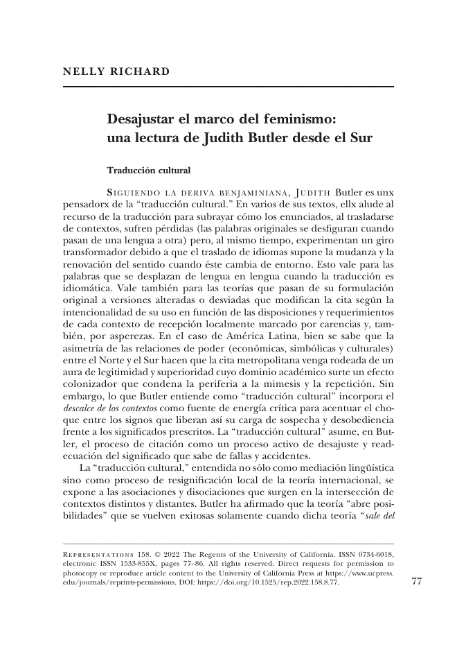 First page of Desajustar el marco del feminismo: una lectura de Judith Butler desde el Sur