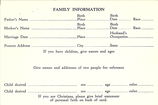 Harry Holt’s Family Information Card. Series 2, box 10, folder 30 (“Holt, Harry I, 1955–1957”). International Social Service United States of America Branch Records. Social Welfare History Archives, University of Minnesota.