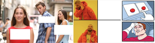 Object labeling exploitable meme templates that reject one object and affirm another.