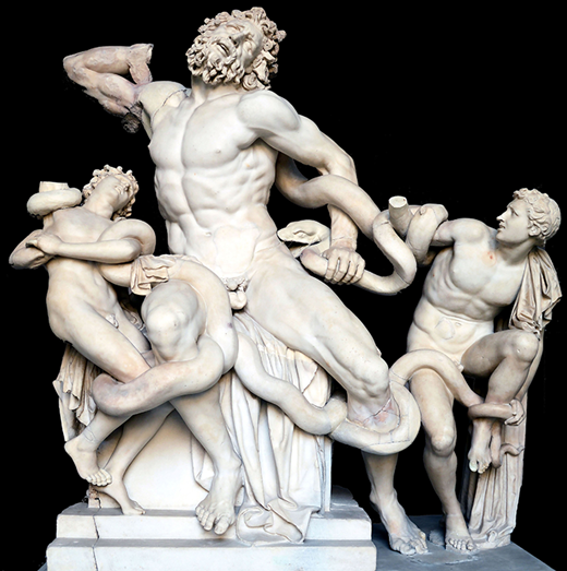 Laocoön and His Sons. Copy after a Hellenistic original, c. 200 BCE. Found in the Baths of Trajan, 1506. WikiCommons.
