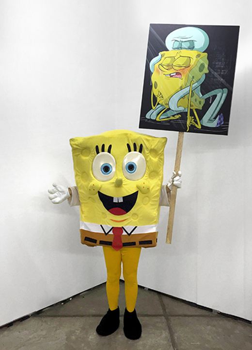 Puppies Puppies (Jade Guanaro Kuriki-Olivo) performs “Love, Bob Esponja” at the Queer Thoughts booth of Mexico City’s “Material Arts Fair” in February 2015. Copyright Kuriki-Olivo, appears here by courtesy of the artist.