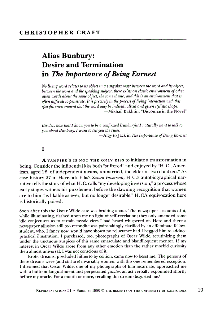 First page of Alias Bunbury: Desire and Termination in The Importance of Being Earnest