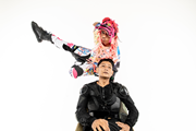 Official press photo of Gabber Modus Operandi featuring Ican Harem (top) and Kasimyn (seated). With permission from the artists. Photo by Denny Novikar Nasution.