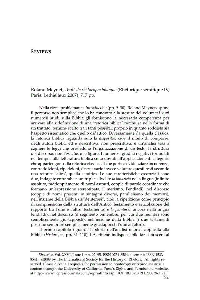 First page of Review: <italic>Traité de rhétorique biblique</italic>, by Roland Meynet<alt-title alt-title-type="implied">Book Review</alt-title><alt-title alt-title-type="foot-running" />