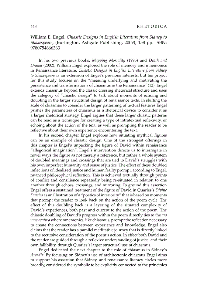 First page of Review: <italic>Chiastic Designs in English Literature from Sidney to Shakespeare</italic>, by William E. Engel