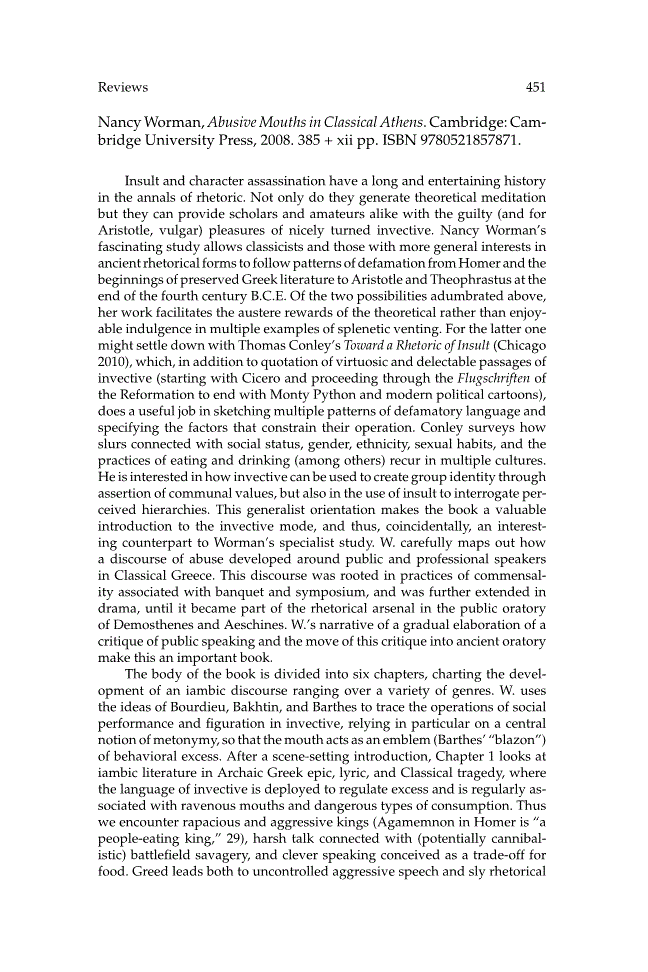 First page of Review: <italic>Abusive Mouths in Classical Athens</italic>, by Nancy Worman