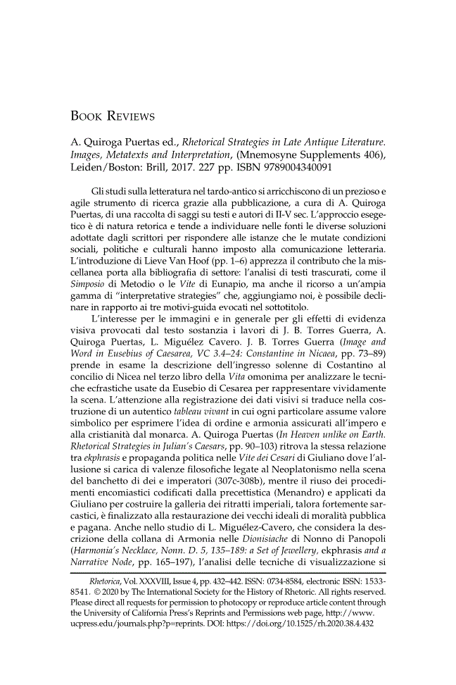 First page of Review: <italic>Rhetorical Strategies in Late Antique Literature. Images, Metatexts and Interpretation</italic>, edited by A. Quiroga Puertas