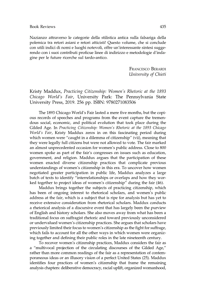 First page of Review: <italic>Practicing Citizenship: Women's Rhetoric at the 1893 Chicago World's Fair</italic>, by Kristy Maddux