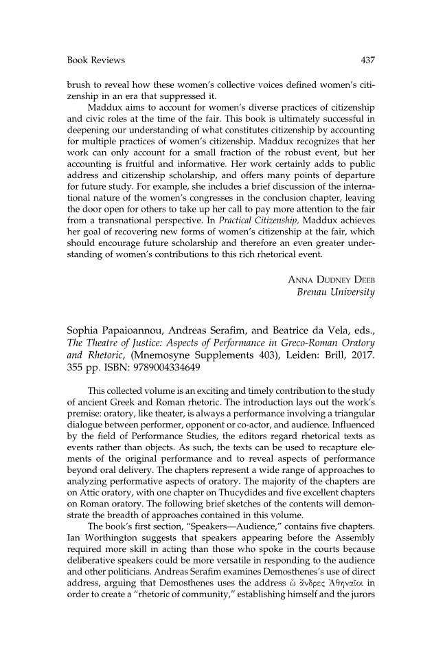 First page of Review: <italic>The Theatre of Justice: Aspects of Performance in Greco-Roman Oratory and Rhetoric</italic>, edited by Sophia Papaioannou, Andreas Serafim, and Beatrice da Vela