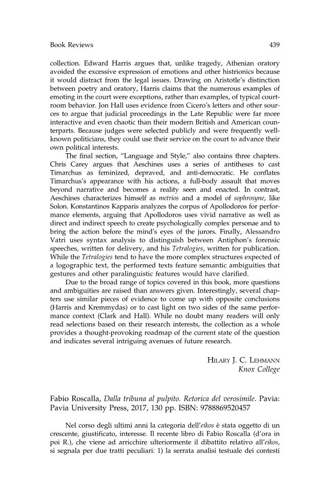 First page of Review: <italic>Dalla tribuna al pulpito. Retorica del verosimile</italic>, by Fabio Roscalla