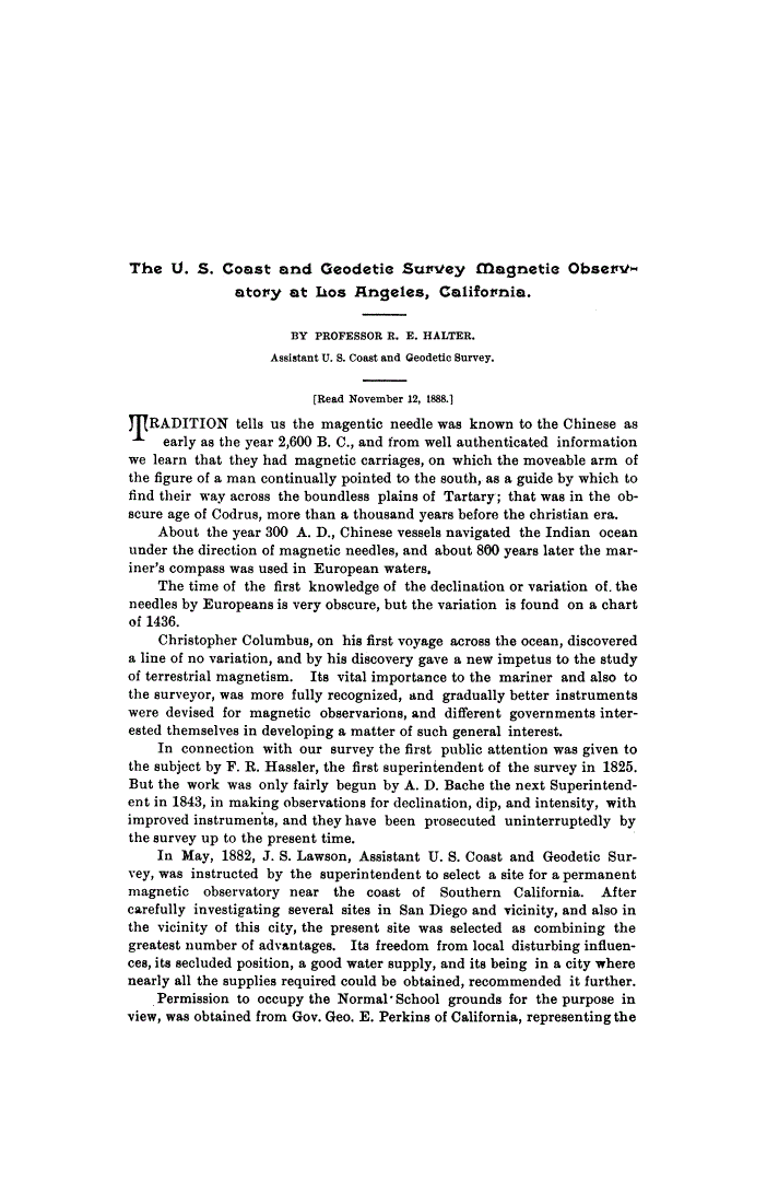 First page of The U. S. Coast and Geodetic Survey Magnetic Observatory at Los Angeles, California