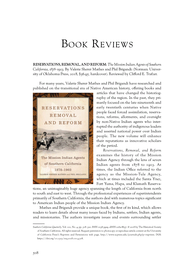 First page of Review: <italic>Reservations, Removal, and Reform: The Mission Indian Agents of Southern California, 1878–1903</italic> by Valerie Sherer Mathes and Phil Brigandi