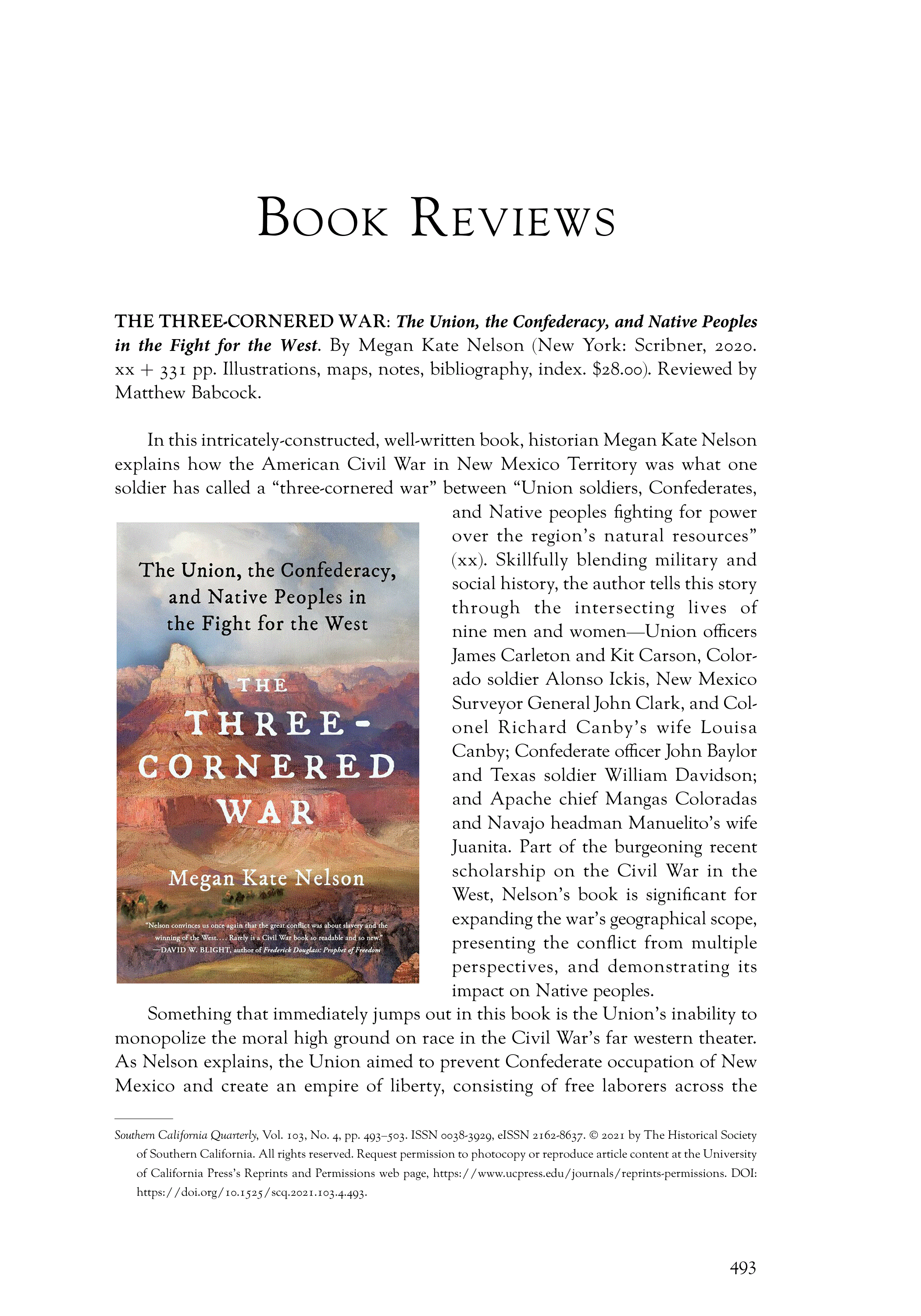 First page of Review: <italic>The Three-Cornered War: The Union, the Confederacy, and Native Peoples in the Fight for the West</italic>, by Megan Kate Nelson