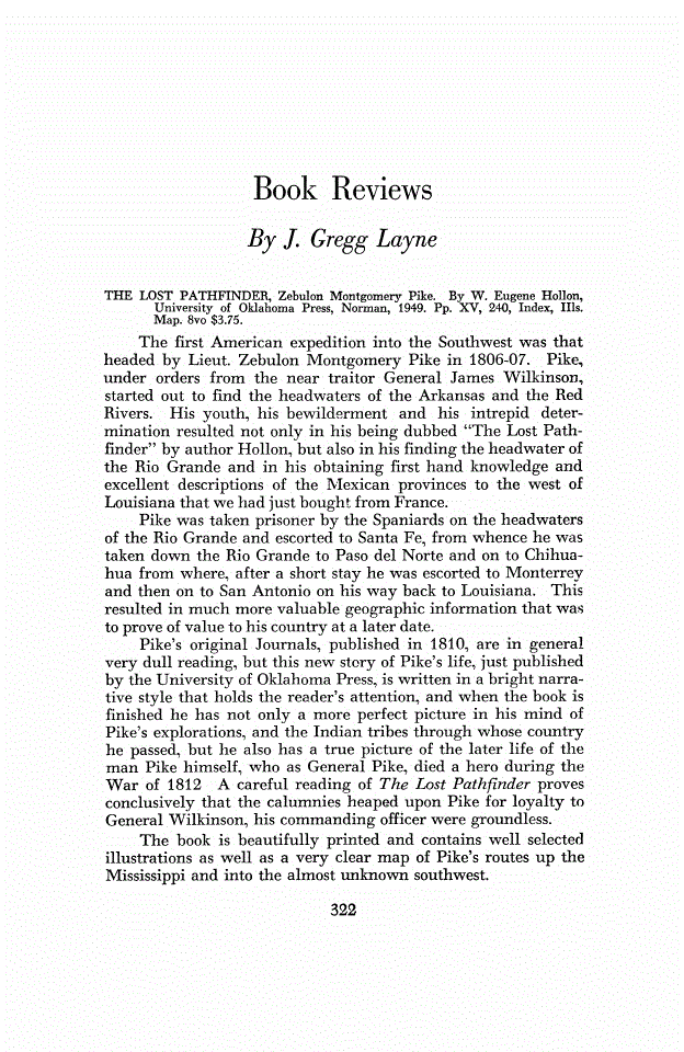 First page of Review: <italic>THE LOST PATHFINDER, Zebulon Montgomery Pike</italic>, by W. Eugene Hollon