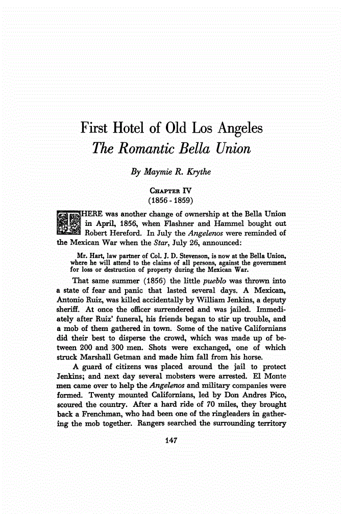 First page of First Hotel of Old Los Angeles "The Romantic Bella Union"