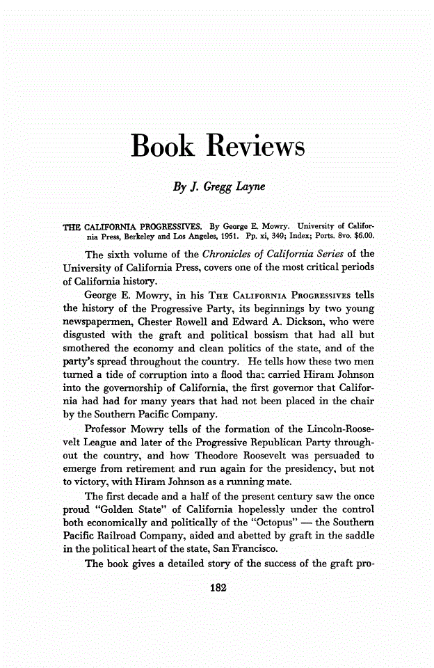 First page of Review: <italic>THE CALIFORNIA PROGRESSIVES</italic>, by George E. Mowry