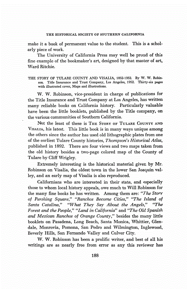 First page of Review: <italic>THE STORY OF TULARE COUNTY AND VISALIA, 1852-1952</italic>, by W. W. Robinson