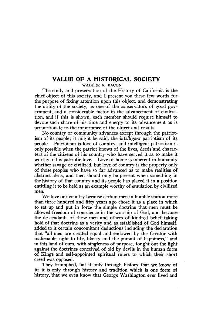 First page of VALUE OF A HISTORICAL SOCIETY