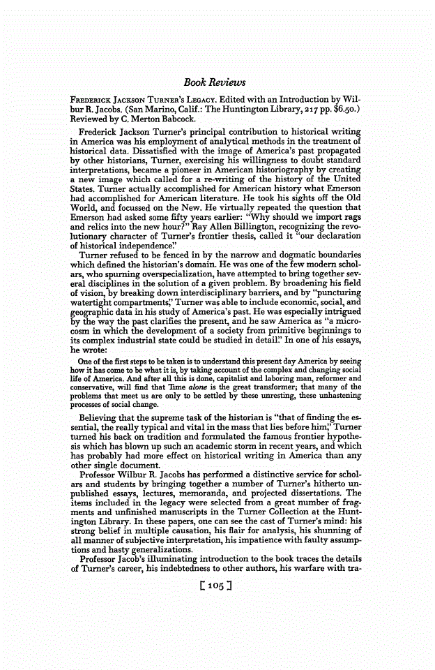 First page of Review: <italic>Frederick Jackson Turner's Legacy</italic>, by Wilbur R. Jacobs