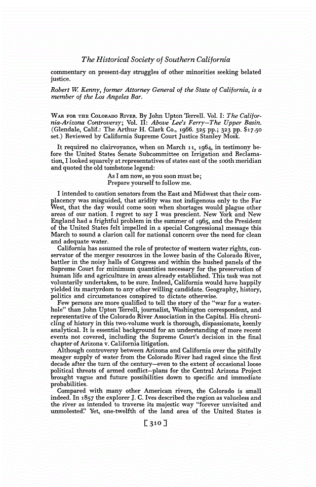 First page of Review: <italic>War for the Colorado River. Vol. I: The California-Arizona Controversy; Vol. II: Above Lee's Ferry—The Upper Basin</italic>, by John Upton Terrell