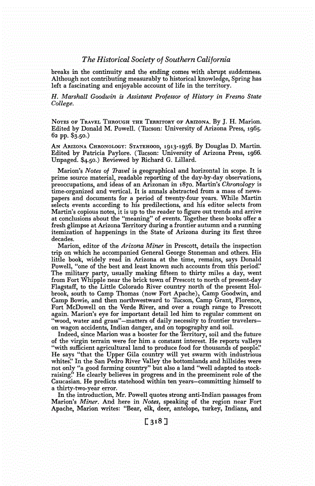 First page of Review: <italic>Notes of Travel Through the Territory of Arizona</italic>, by J. H. Marion and Donald M. Powell and <italic>An Arizona Chronology: Statehood, 1913-1936</italic>, by Douglas D. Martin and Patricia Paylore