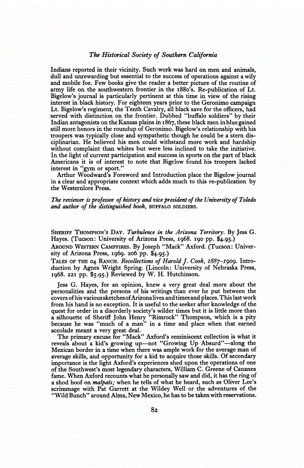 First page of Review: <italic>Sheriff Thompson's Day. Turbulence in the Arizona Territory</italic>, by Jess G. Hayes; <italic>Around Western Campfires</italic>, by Joseph "Mack" Axford; and <italic>Tales of the 04 Ranch. Recollections of Harold J. Cook, 1887-1909</italic>, by Agnes Wright Spring