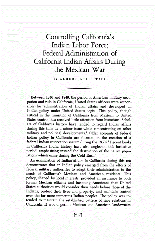First page of Controlling California's Indian Labor Force; Federal Administration of California Indian Affairs During the Mexican War