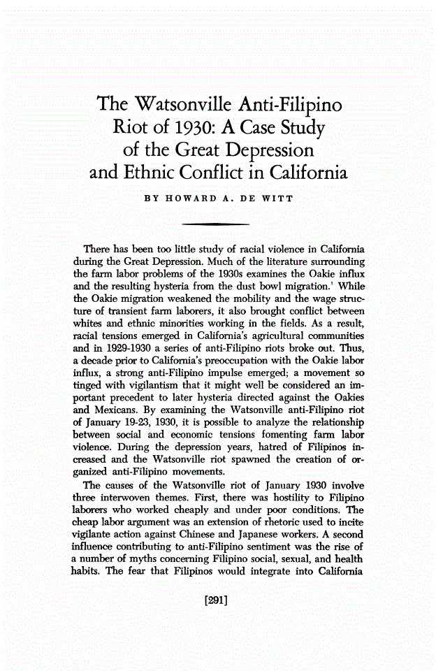 First page of The Watsonville Anti-Filipino Riot of 1930: A Case Study of the Great Depression and Ethnic Conflict in California