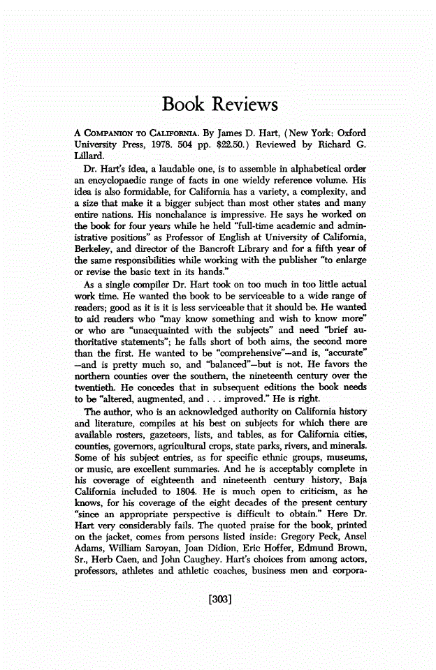 First page of Review: <italic>A Companion to California</italic>, by James D. Hart