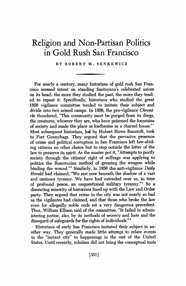 First page of Religion and Non-Partisan Politics in Gold Rush San Francisco