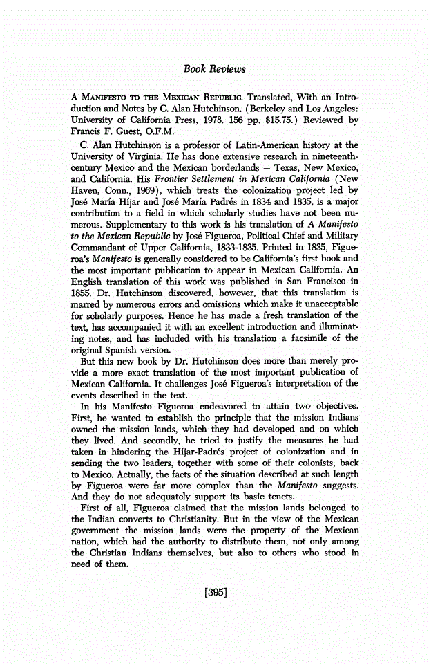 First page of Review: <italic>A Manifesto to the Mexican Republic</italic>, by C. Alan Hutchinson