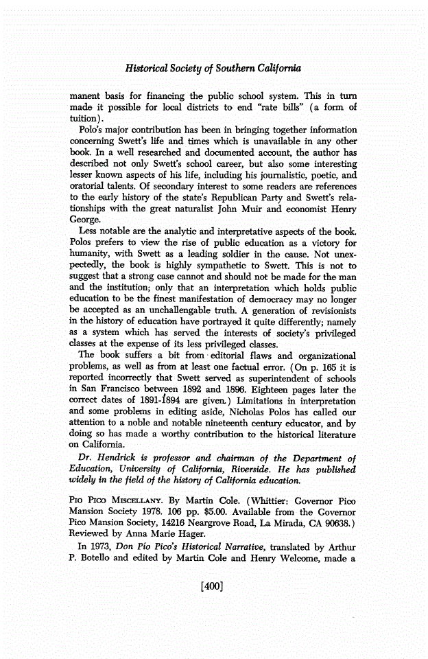 First page of Review: <italic>Pio Pico Miscellany</italic>, by Martin Cole