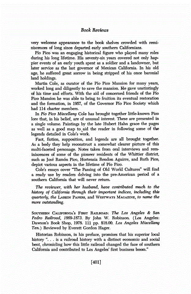 First page of Review: <italic>Southern California's First Railroad: The Los Angeles &amp; San Pedro Railroad, 1869-1873. (Los Angeles Miscellany Ten)</italic>, by John W. Robinson