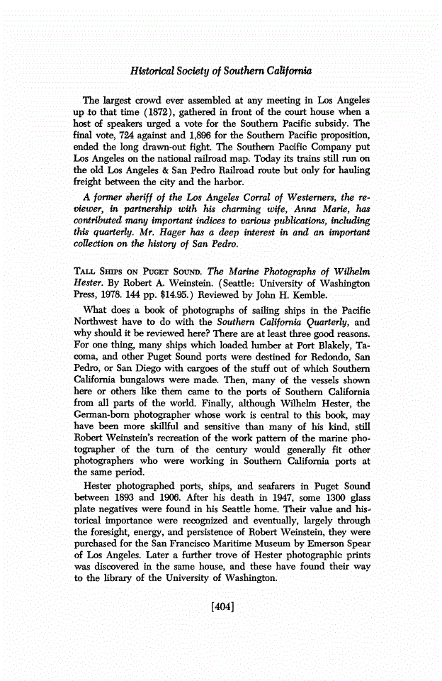 First page of Review: <italic>Tall Ships on Puget Sound. The Marine Photographs of Wilhelm Hester</italic>, by Robert A. Weinstein