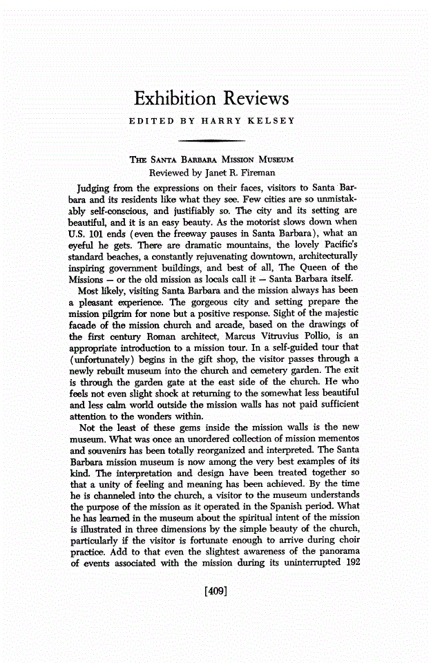 First page of Review: <italic>The Santa Barbara Mission Museum</italic>