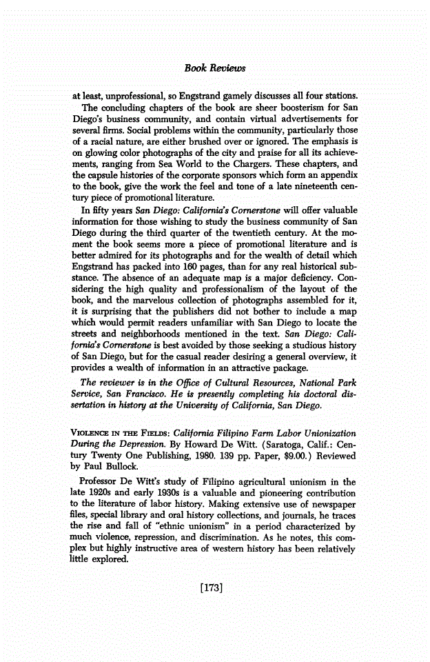 First page of Review: <italic>Violence in the Fields: California Filipino Farm Labor Unionization During the Depression</italic>, by Howard De Witt