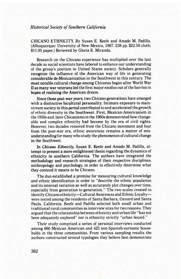 First page of Review: <italic>CHICANO ETHNICITY</italic>, by Susan E. Keefe and Amado M. Padilla