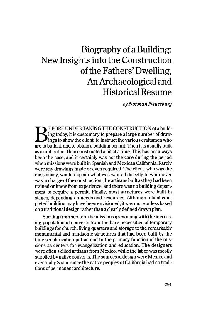 First page of Biography of a Building: New Insights into the Construction of the Fathers' Dwelling, An Archaeological and Historical Resume