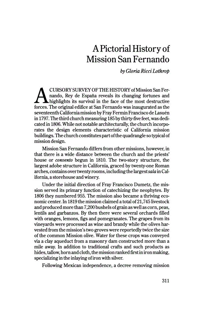 First page of A Pictorial History of Mission San Fernando