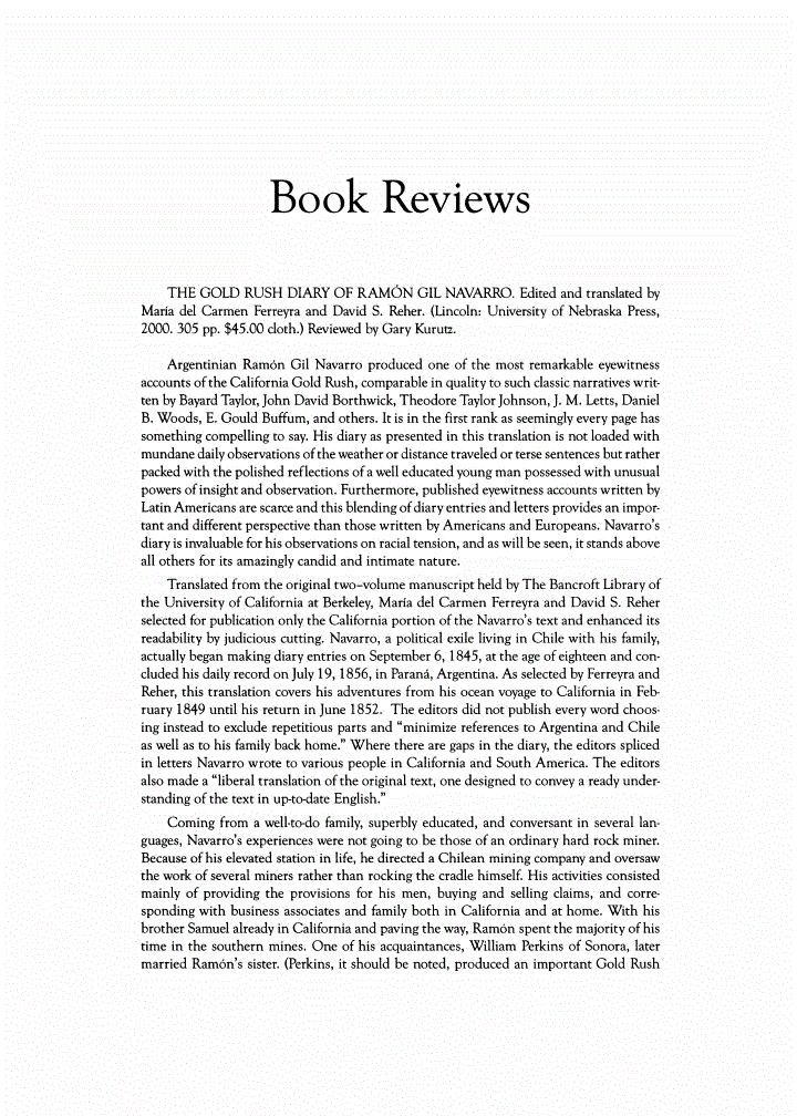 First page of Review: <italic>THE GOLD RUSH DIARY OF RAMÓN GIL NAVARRO</italic>, by María del Carmen Ferreyra and David S. Reher