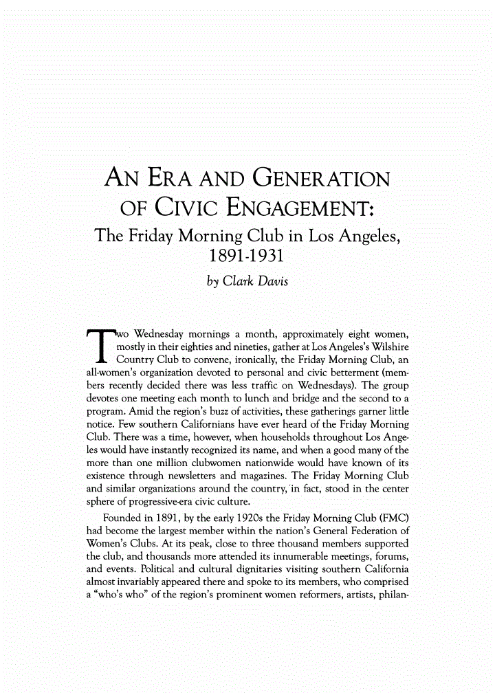 First page of An Era and Generation of Civic Engagement: The Friday Morning Club in Los Angeles, 1891-1931