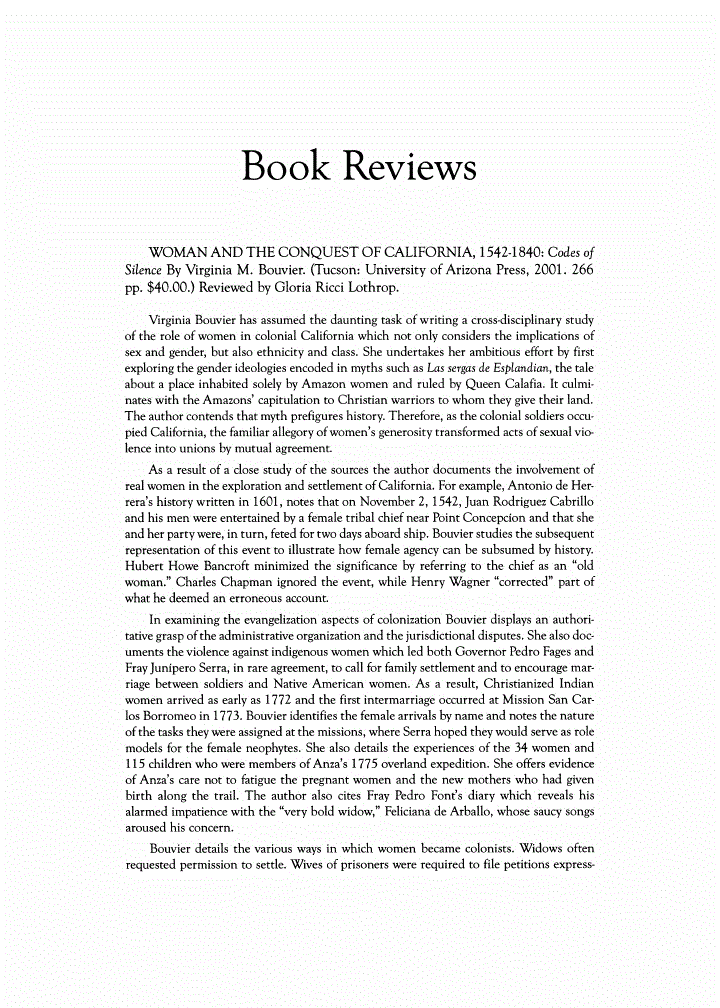 First page of Review: <italic>WOMAN AND THE CONQUEST OF CALIFORNIA, 1542-1840: Codes of Silence</italic>, by Virginia M. Bouvier